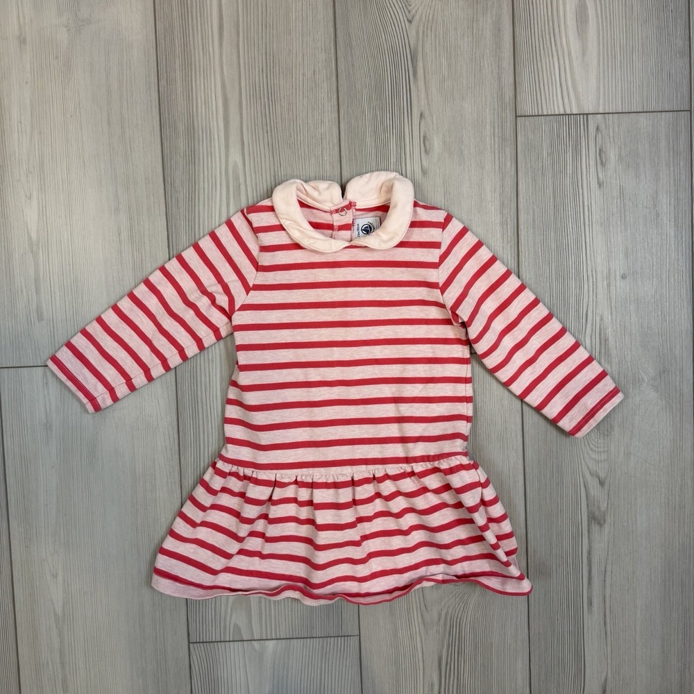 Petit Bateau Girls 24M Pink & Red Stripe Dress Peter Pan Collar Cotton